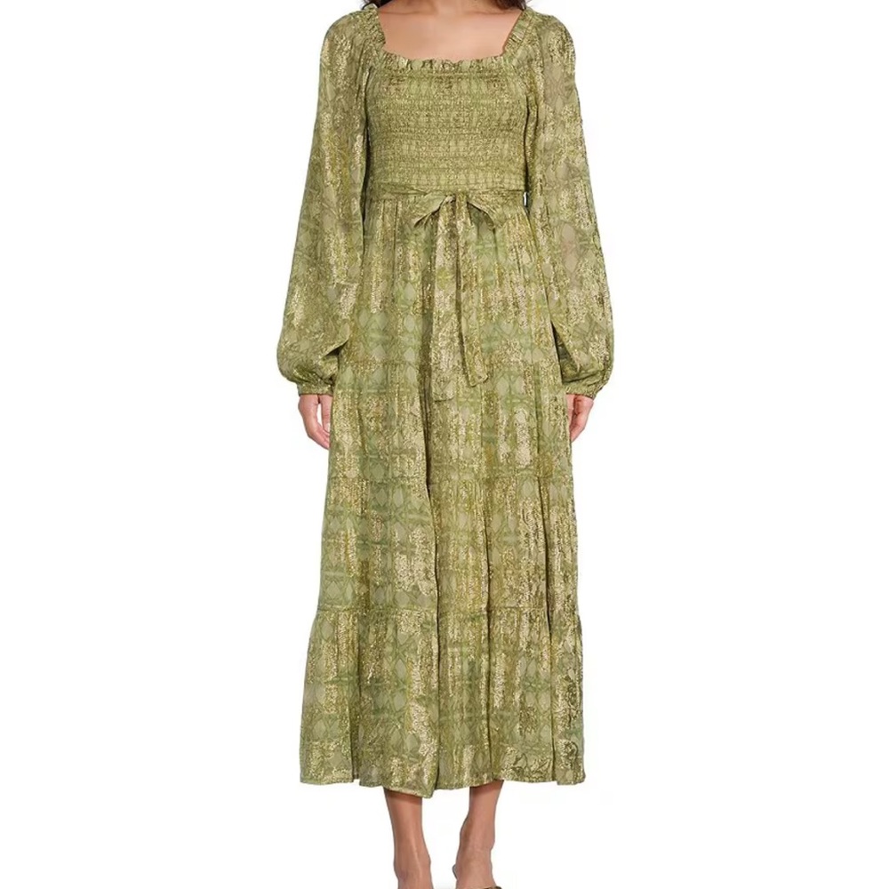 Smocked Square-Neck Olive Long Sleeve Maxi Dress